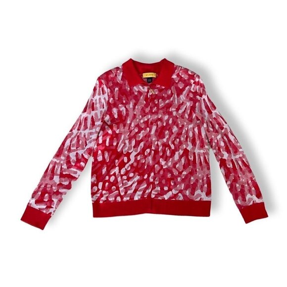 St. John red white abstract print zipper jacket sweater size L - Picture 1 of 4